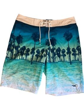 Hollister Teal & Cream Palm-Scene Board Shorts